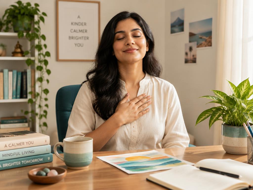 Calm, focused woman at her desk after a Sense Shift reset