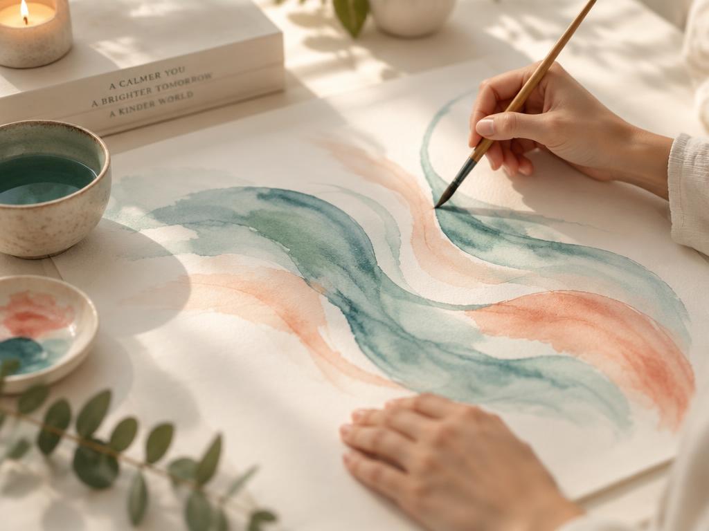 Hands painting calm teal and coral watercolour strokes