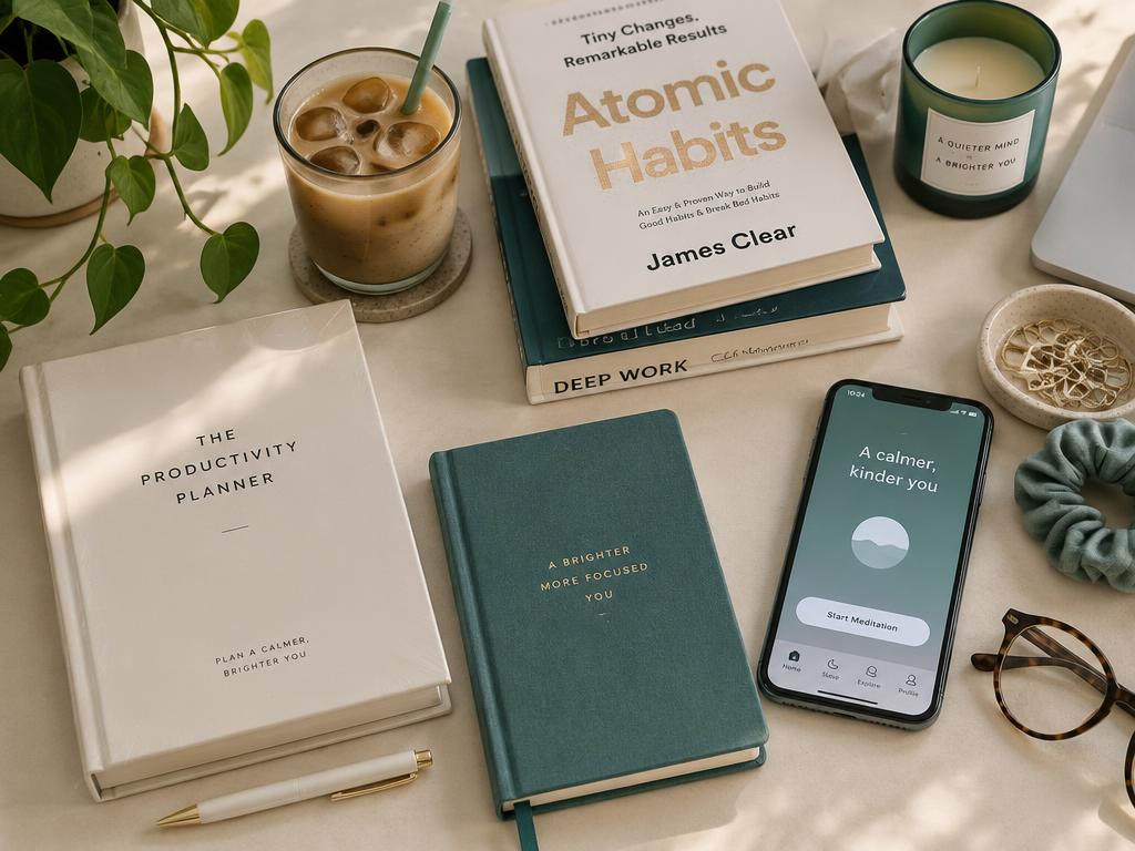 Unused planners, books and meditation apps on a desk